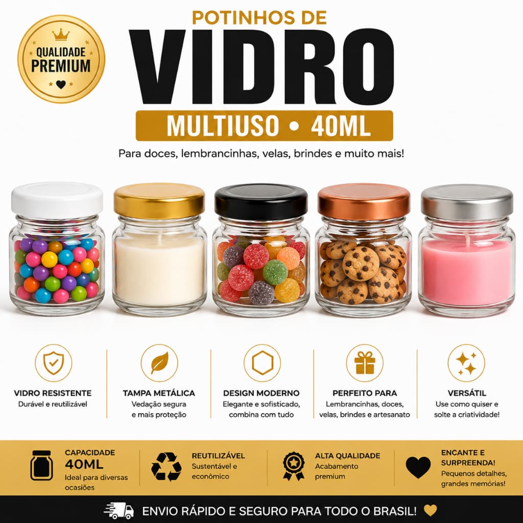 Pote de Vidro 40ml com Tampa de Metal | Lembrancinhas, Velas, Condimentos, Artesanato