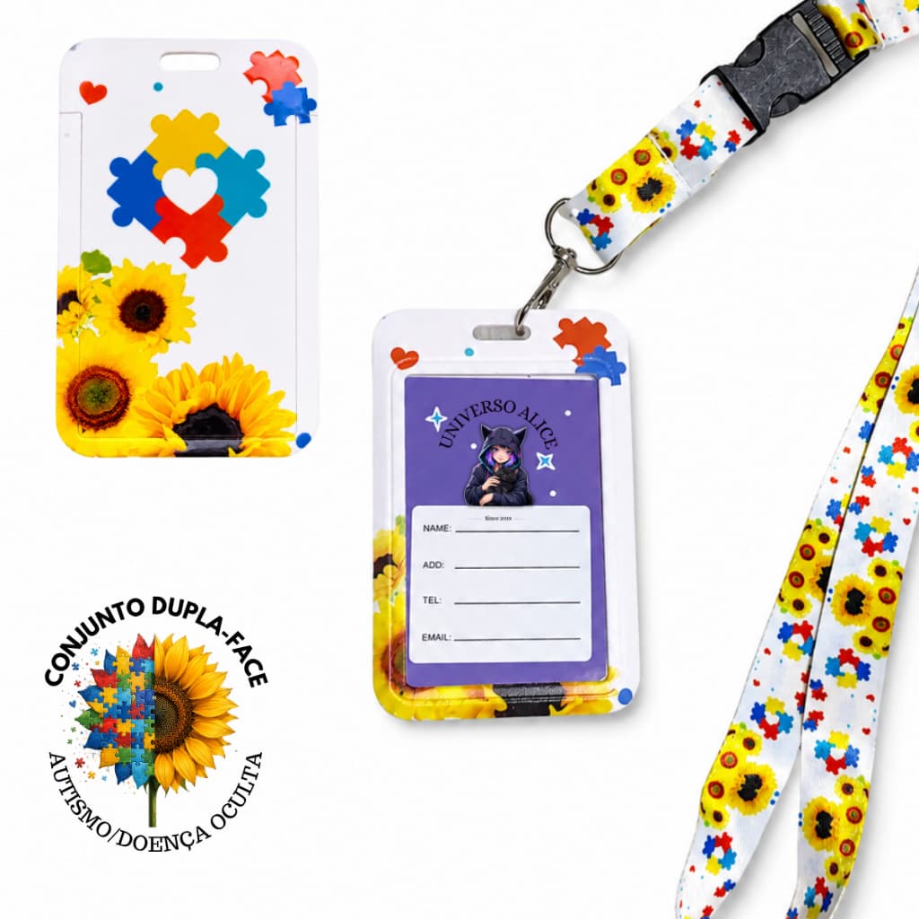 Conjunto Porta Crachá e Cordão Dupla Face Quebra Cabeça Girassol Autismo Doença Oculta TEA TDAH