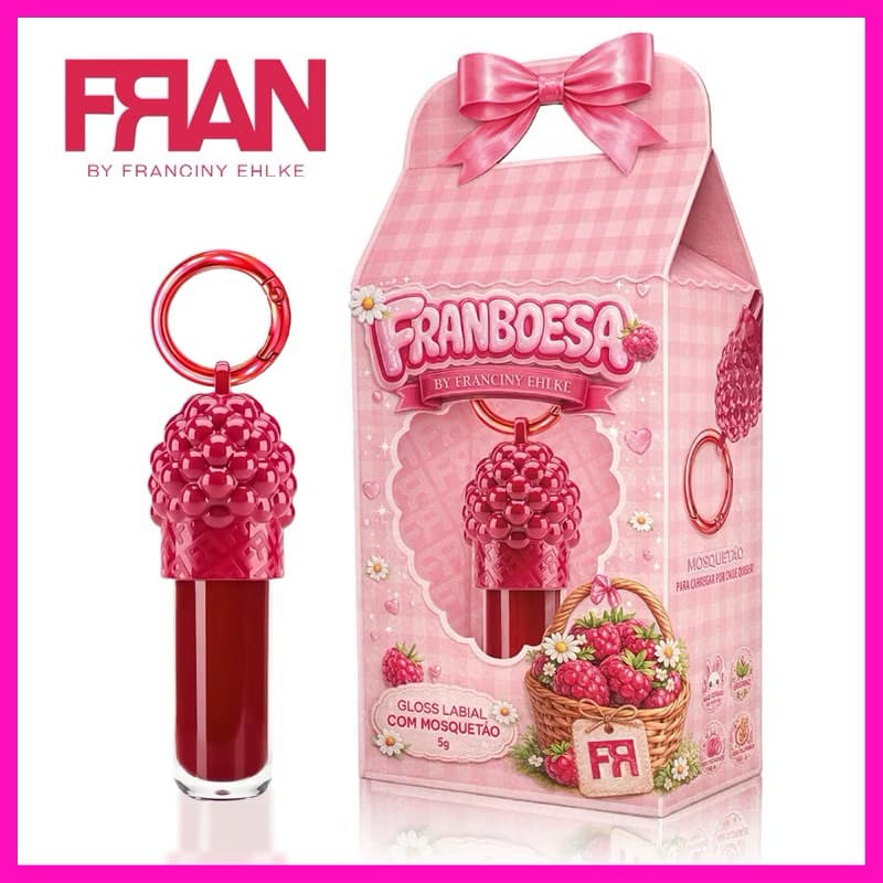 Gloss Labial Franboesa com Mosquetão Chaveiro Brilho Labial Hidratante 5g Design Criativo Maquiagem Feminina