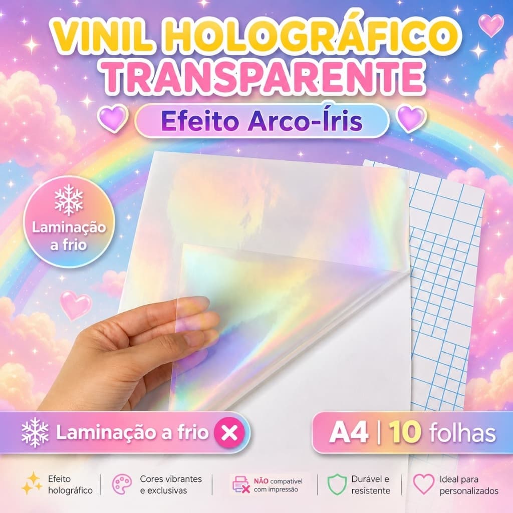 LAMINAÇÃO A FRIO - Vinil Adesivo Holográfico Transparente ARCO-IRIS - A4- 90g - 10 folhas