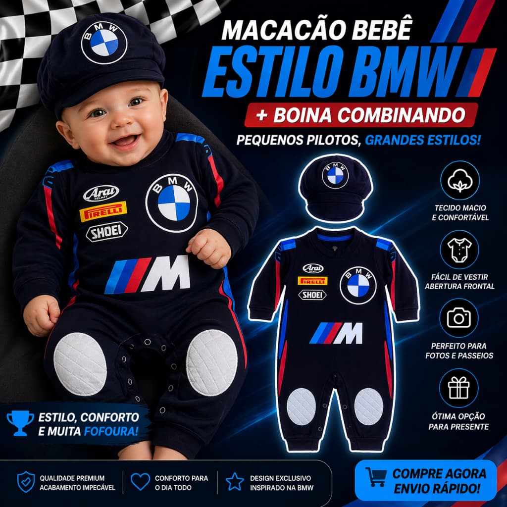 Macacão + Boina De Bebê Carro Moto Corrida BMW