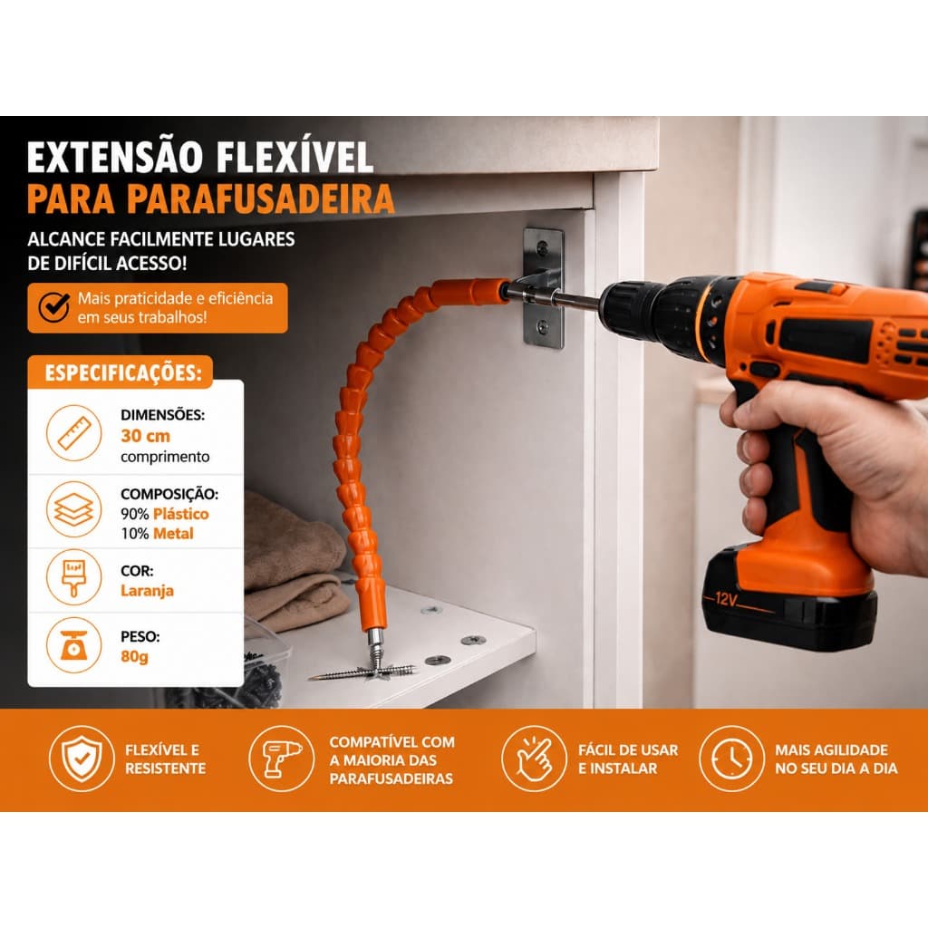 Cabo Extensor Flexível 30 cm - Laranja