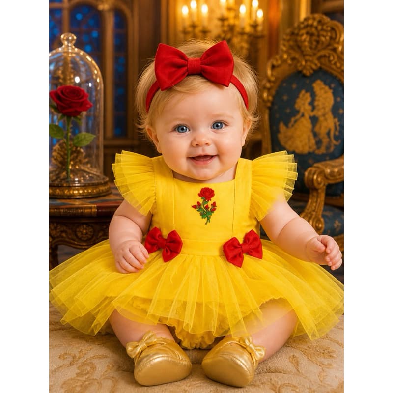Jardineira Saia Bela e a Fera + Laço Aplique Tule Fantasia Romper Body Mesversário Glitter Princesa