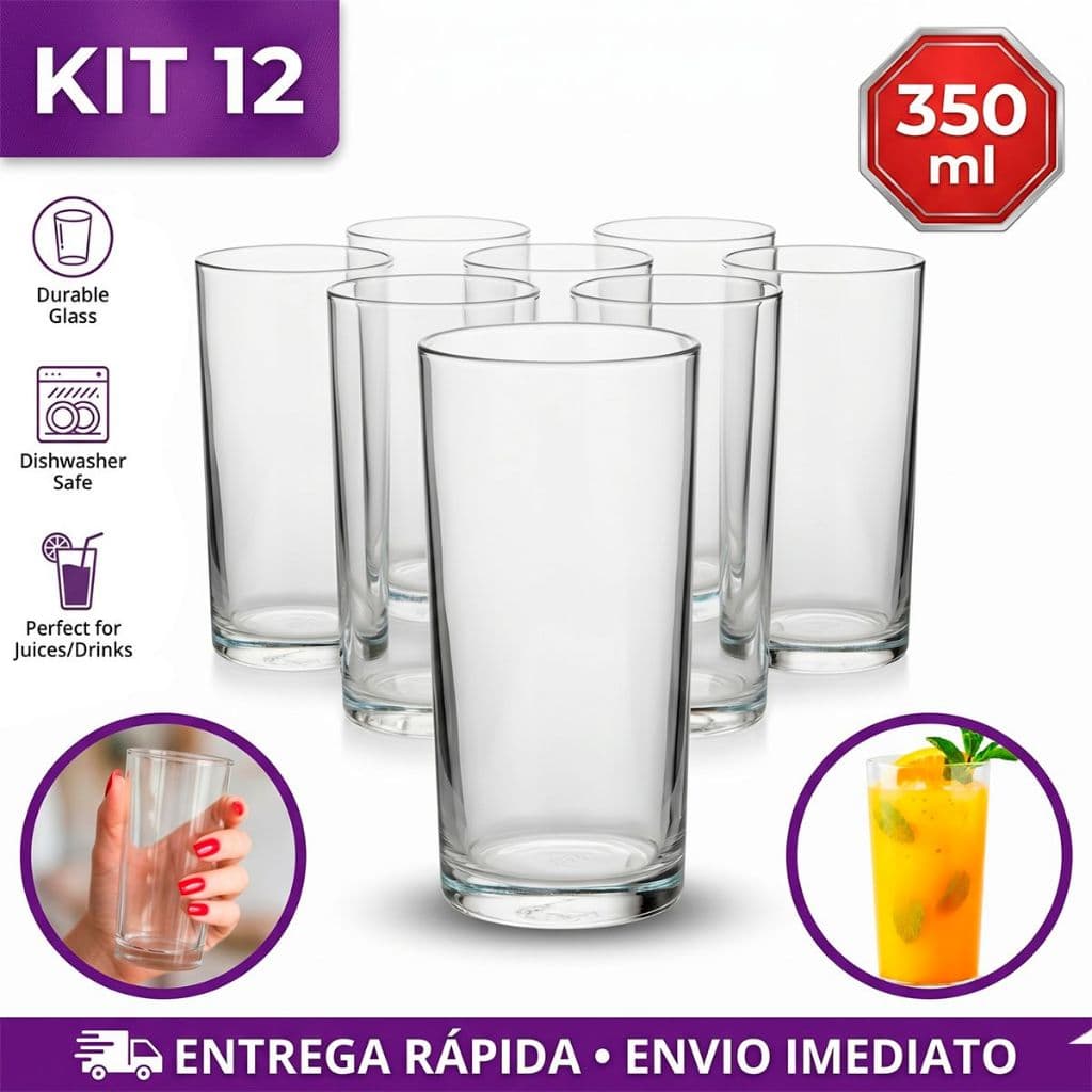 Kit Jogo 12 Copos Vidro Long Drink Cylinder 350ml Ideal Para Suco Água Vitaminas Drinks Resistente
