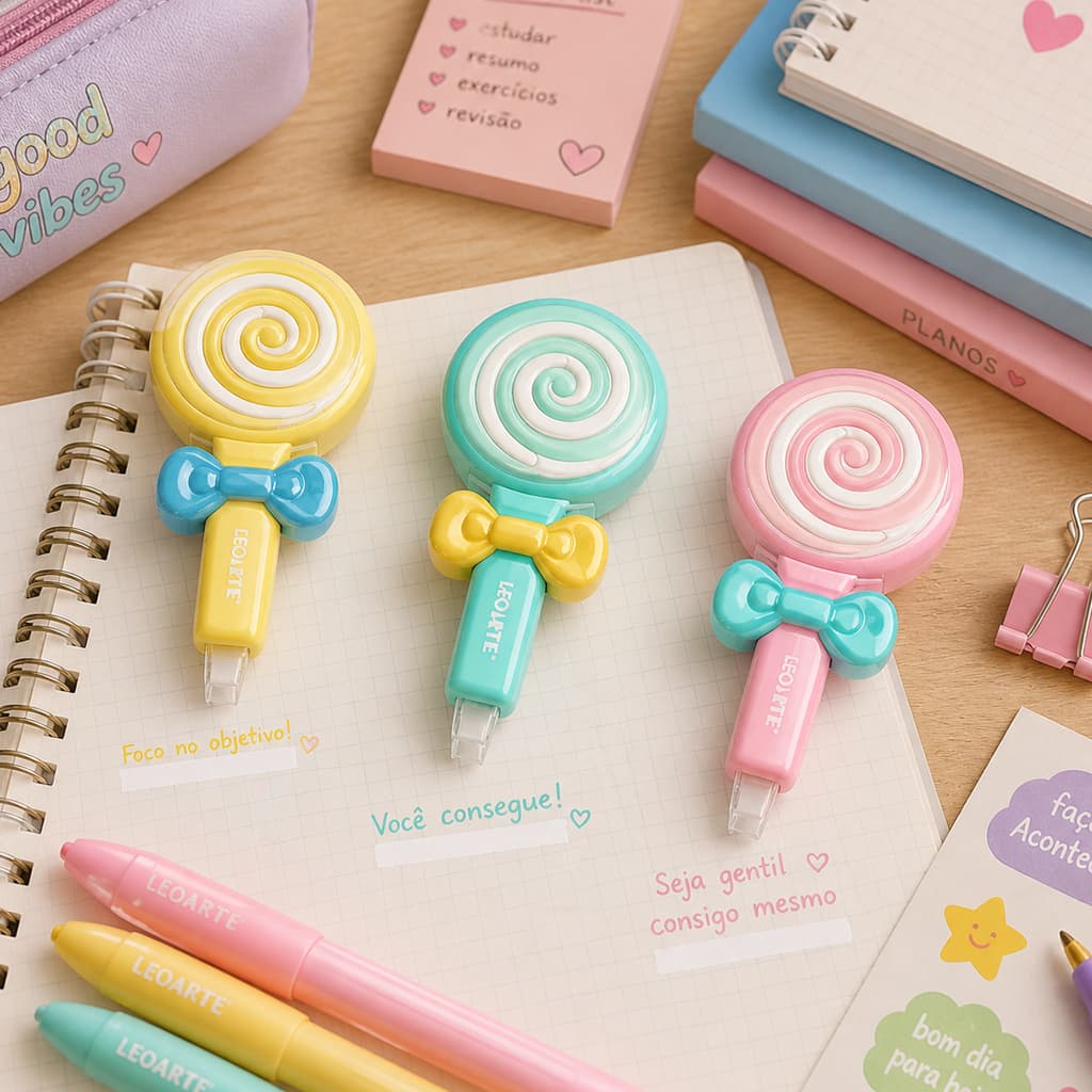 Fita Corretiva Pirulito LeoArte Kawaii Escolar Papelaria Criativa 6m