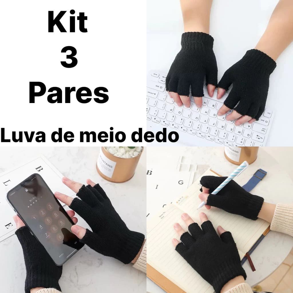 Kit 1- 3 pares luvas de meio dedo de lã antiderrapante Unissex Masculino e feminino para inverno frio