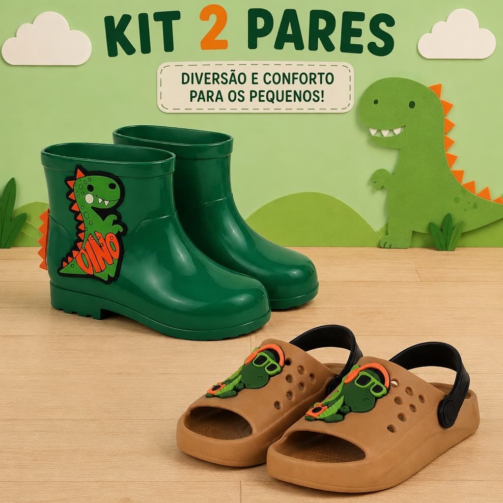 Kit 2 Dinos Infantil Sandália Papete + Galocha Menino Leve e Confortável