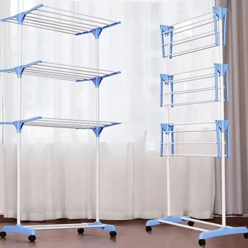 Kontuz Varal de Chão Grande Dobrável 3 Andares Aço Inox 170 cm com Rodinhas e Prateleiras Reguláveis