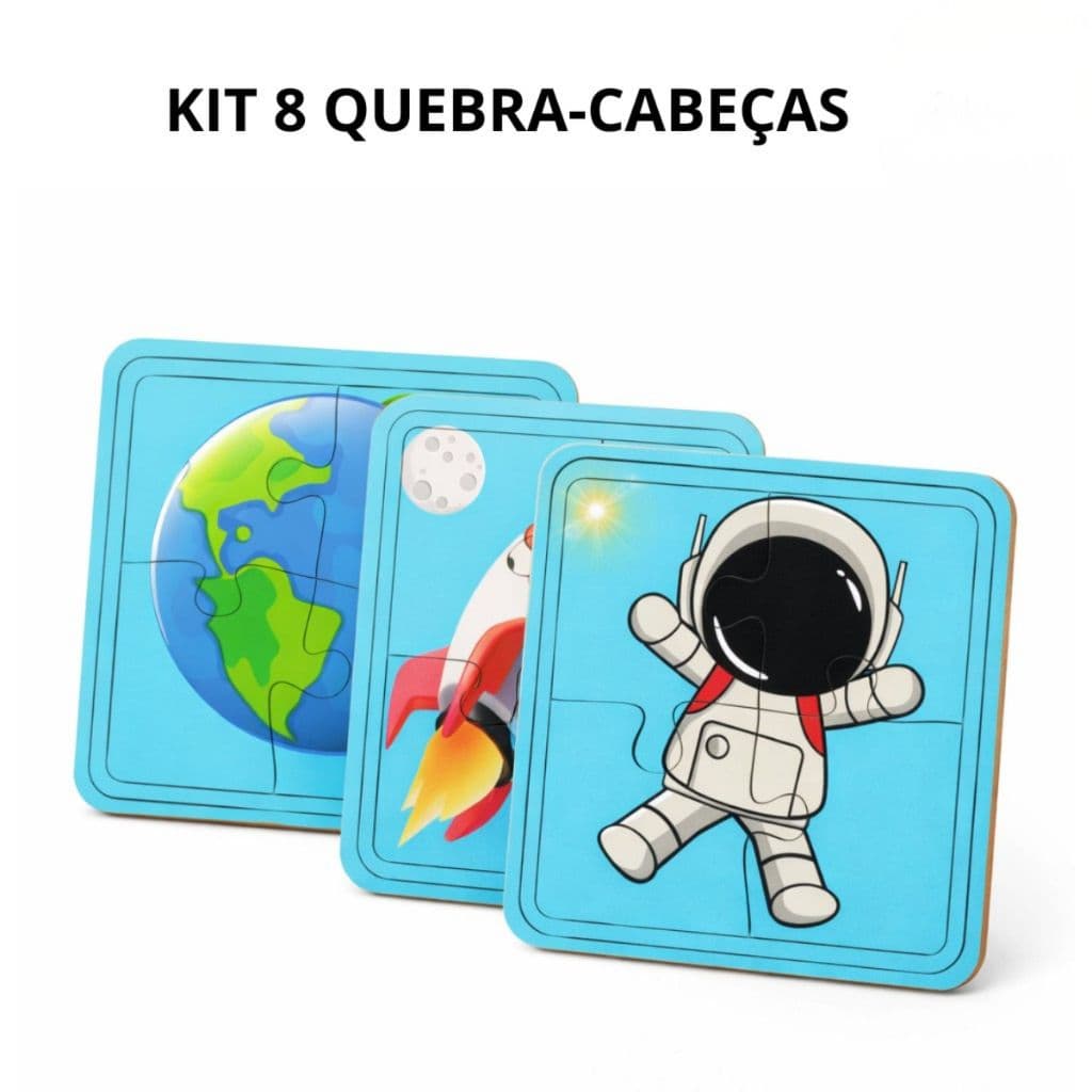 Kit 8 Quebra Cabeças Infantil Espaço Brinquedo Pedagógico Educativo MDF 4 Peças