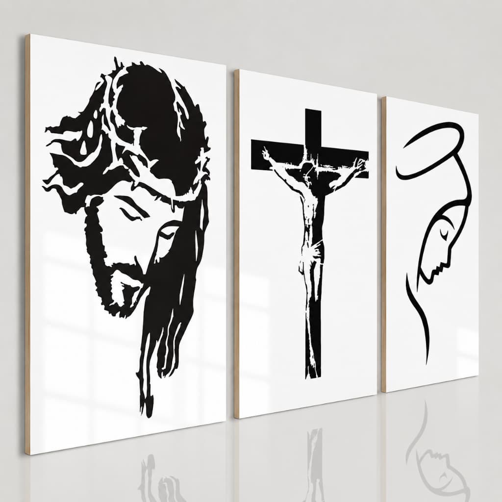 Quadro Religioso 3 Peças Jesus Cristo Cruz Virgem Maria Decorativo Sala Quarto Fé