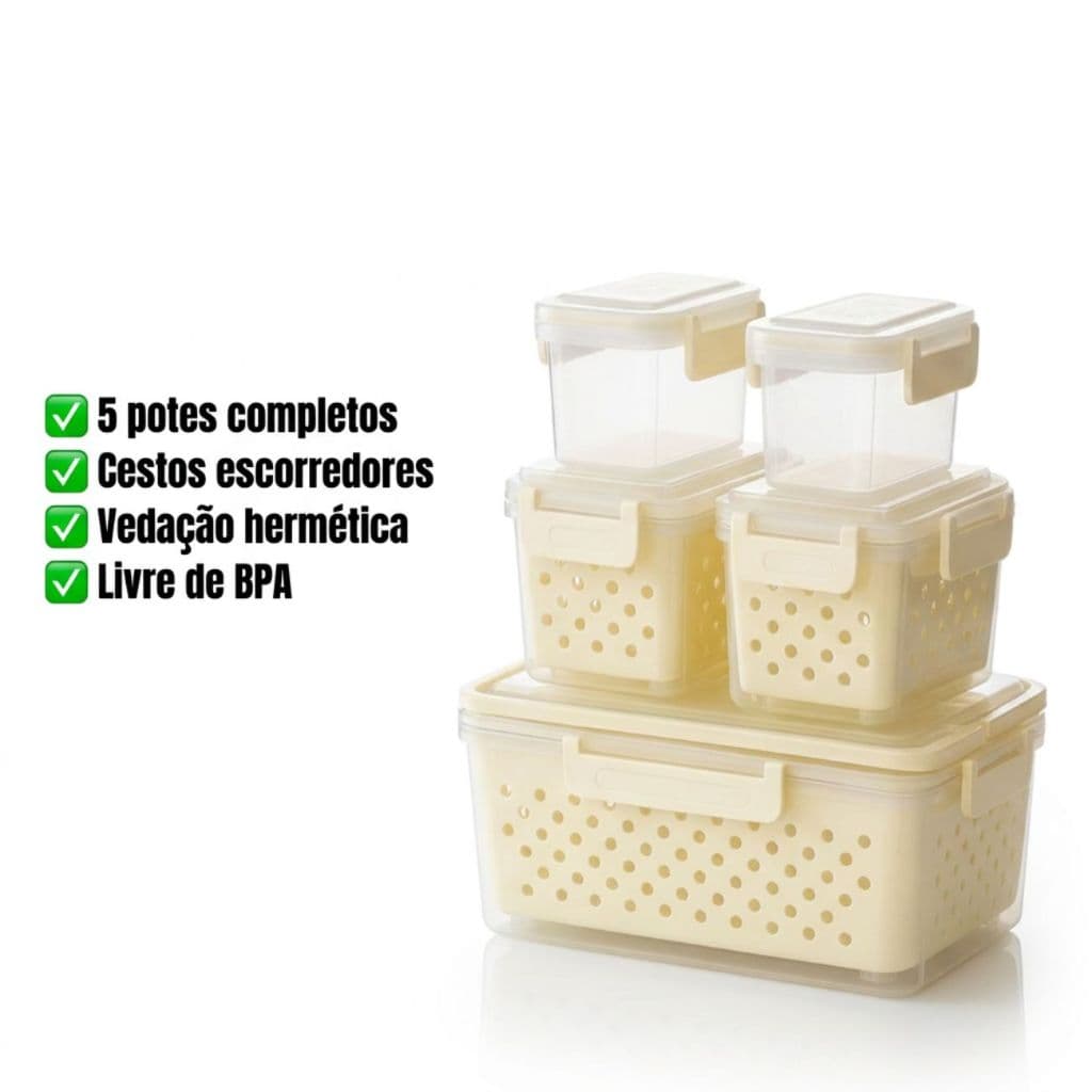 Kit 5 Potes Organizadores De Geladeira Hermético Tampa Trava Bege