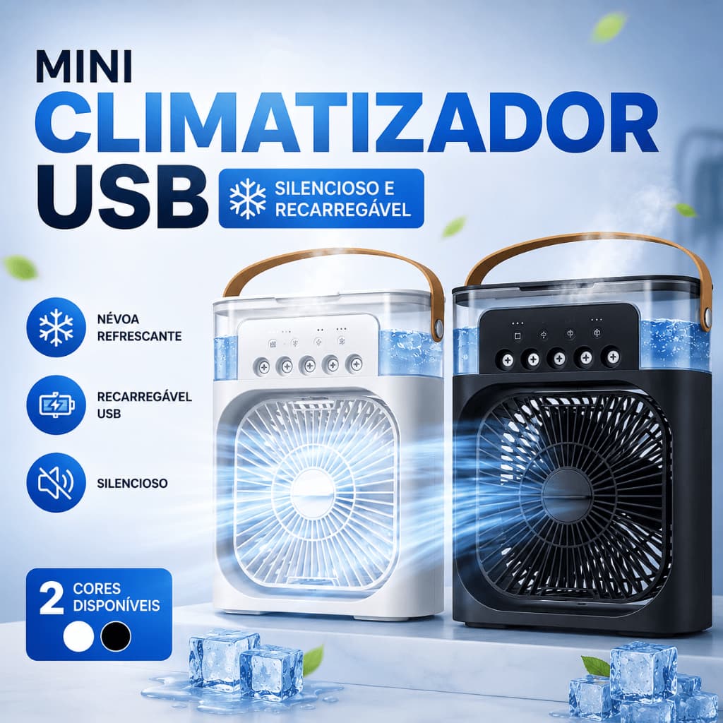 Mini Climatizador USB Portátil Silencioso Umidificador Recarregável