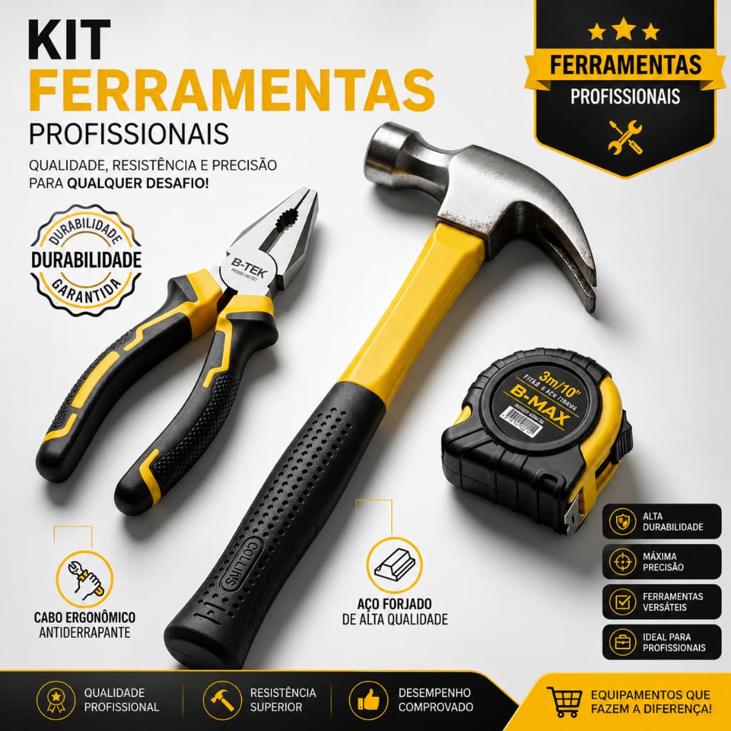 Kit Jogo Ferramentas 3 PC Alicate Universal - Martelo - Trena 3 mts