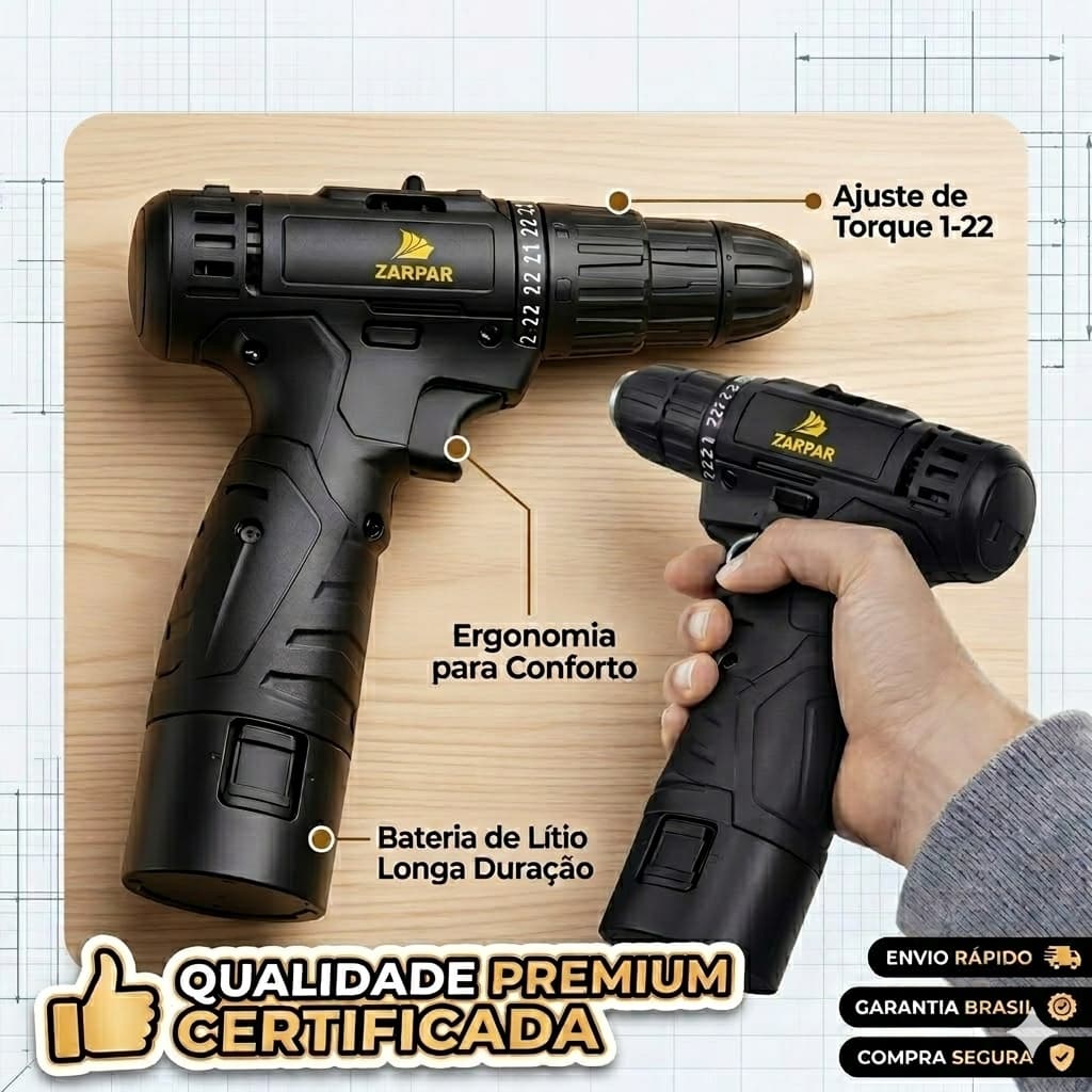 Parafusadeira Furadeira 12V Sem Fio com Bateria Carregador e Bits Reversível Mandril Rápido
