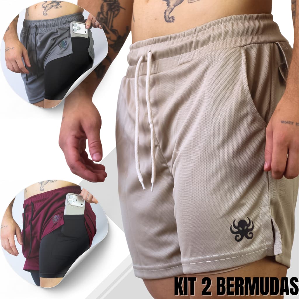 Kit 2 Bermudas Masculina 2 em 1 Academia KRAKEN Premium para Atividades Físicas.