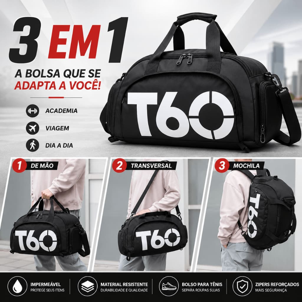 Bolsa Academia Impermeável T60 Original Mala Fitness Viagem Transversal Unissex Compartimento Tênis