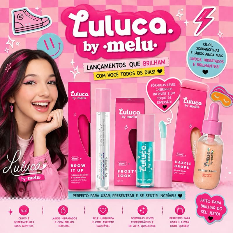 Kit Luluca By Melu Completo Gloss Lip Oil Sérum Glow e Máscara de Cílios e Sobrancelha