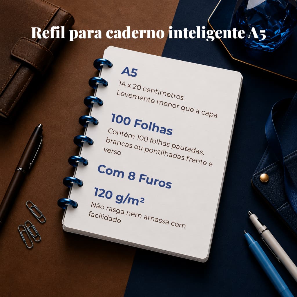 Refil A5 Papel 120g | Compatível com Caderno Inteligente e Disco | 100 Folhas, Grossas e Não Mancha