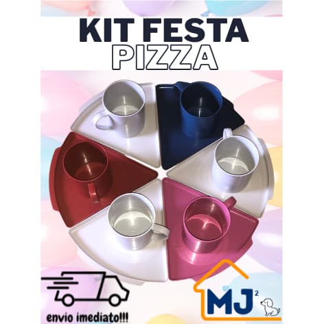 Kit Festa Pizza Canecas e Pratos Plásticos Resistente e Reutilizável