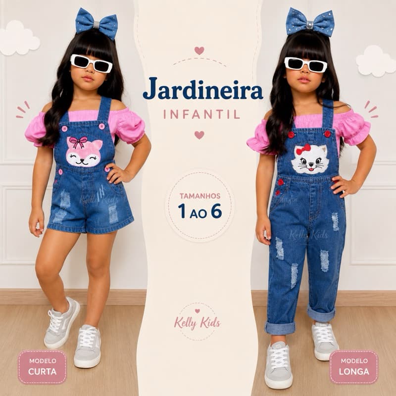Jardineira Jeans infantil bichinhos bordada