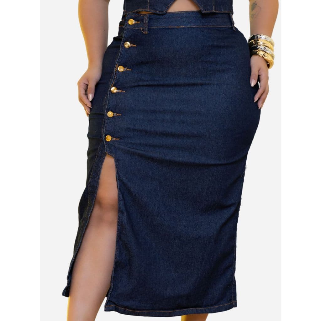 Saia Longa Plus Size Jeans Feminina com Lycra e Botões Laterais