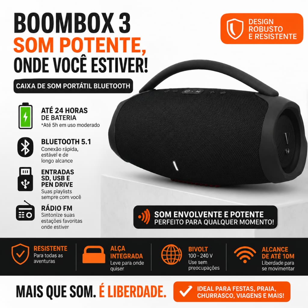 Caixa de Som Boombox 3 Preta Bluetooth 5.1 Portátil Potente