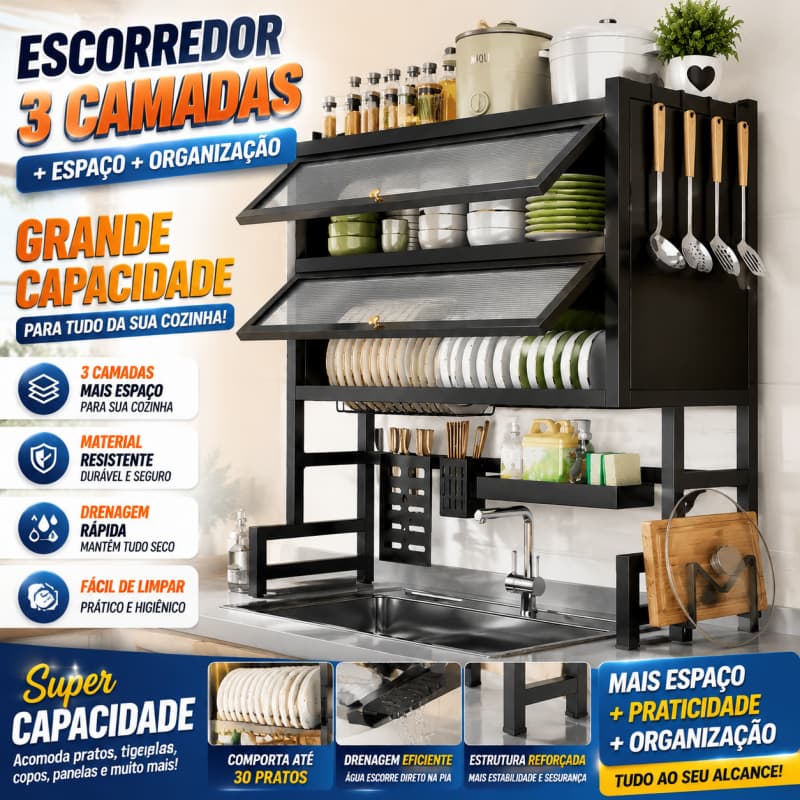 Escorredor de Louça 3 Níveis com 2 Portas Rack de Pia para Pratos