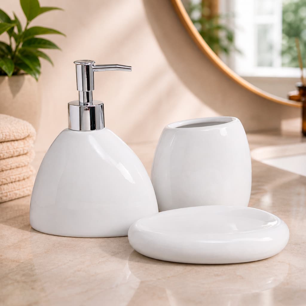 Conjunto Lavabo Higiene Luxo Dispenser Líquido Sabonete Porta Escova Pia