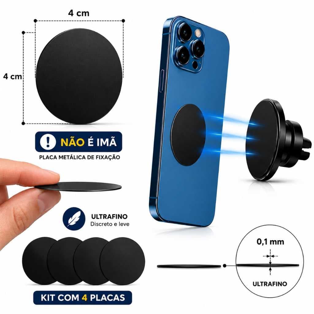 Kit 4 Placa Metal Redondo Preto Para Suporte de Celular Magnético