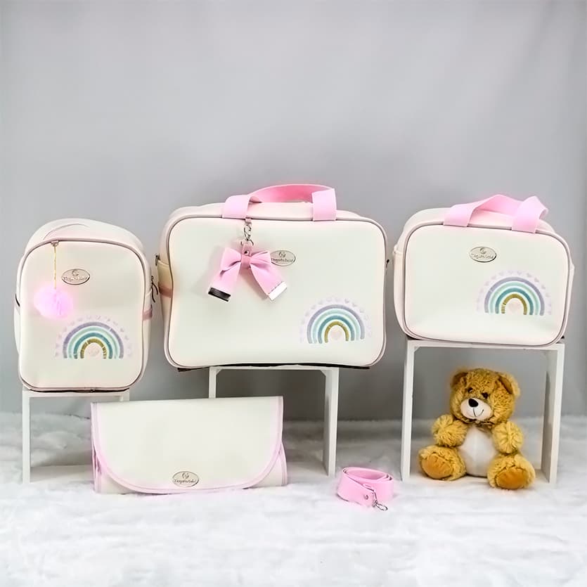 KIT BOLSA MATERNIDADE LUXO 4 PEÇAS ARCO IRIS (ROSA)