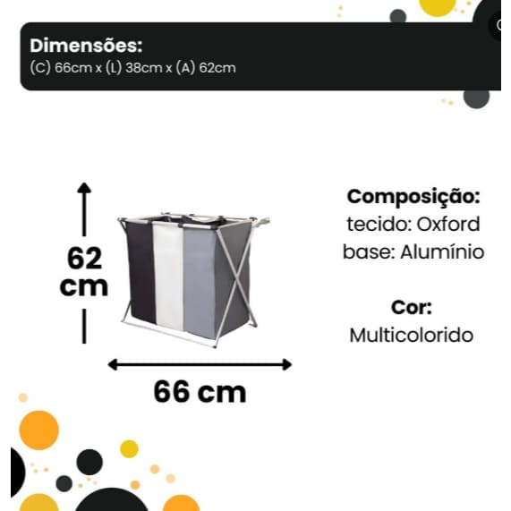 Cesto de Roupas Multiuso Organizador com 3 Compartimentos Globalmix Estrutura de Aluminio 62CM GH111