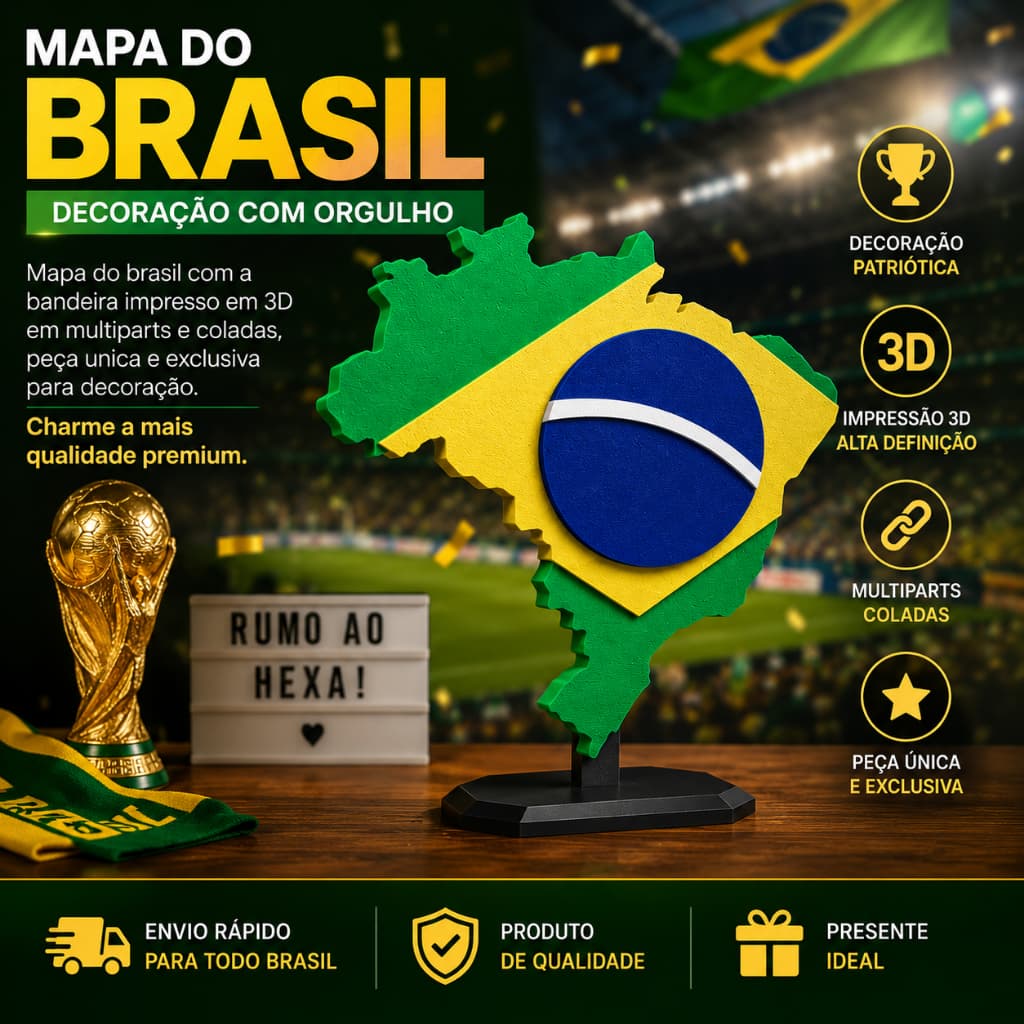 Mapa Brasil Bandeira Arte 3D Decoração Escritório