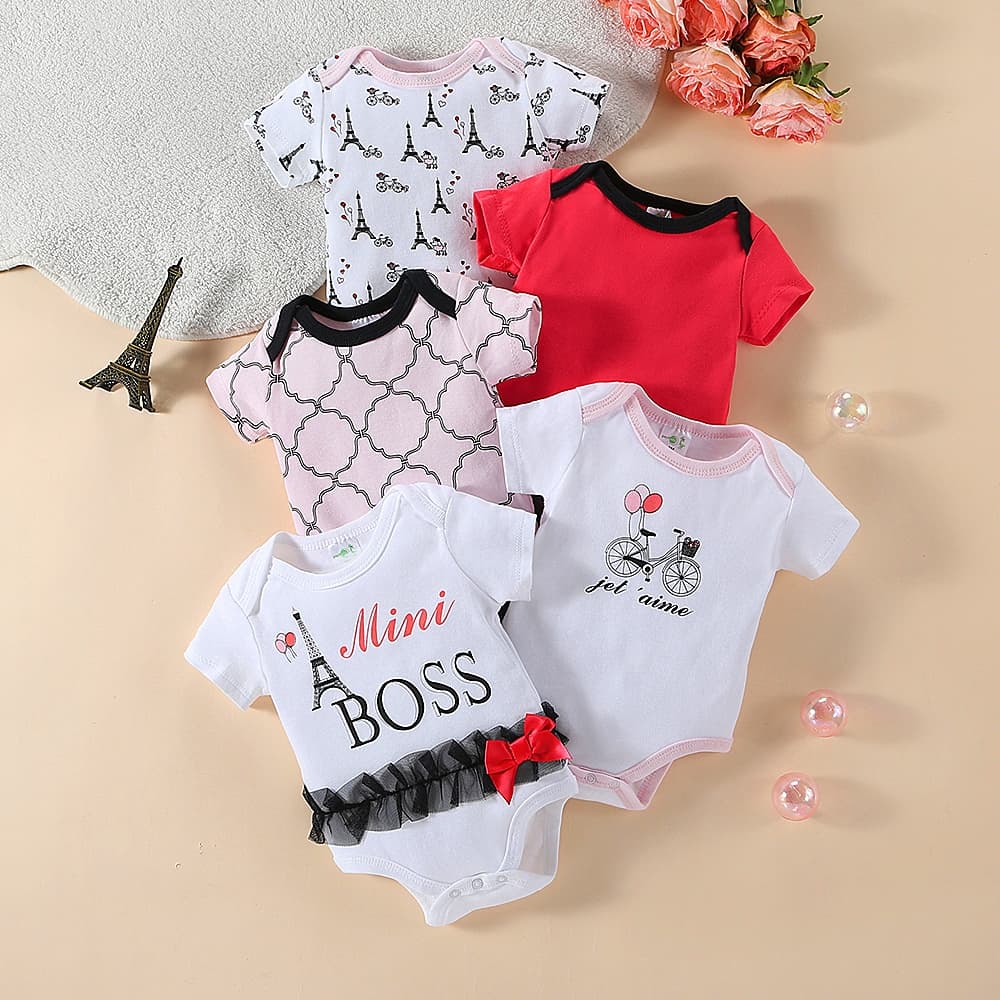 Pijama Bebê Kit 5 Macacão Tema Paris Manga Curta Unissex 100% Algodão 0-12M Adorável