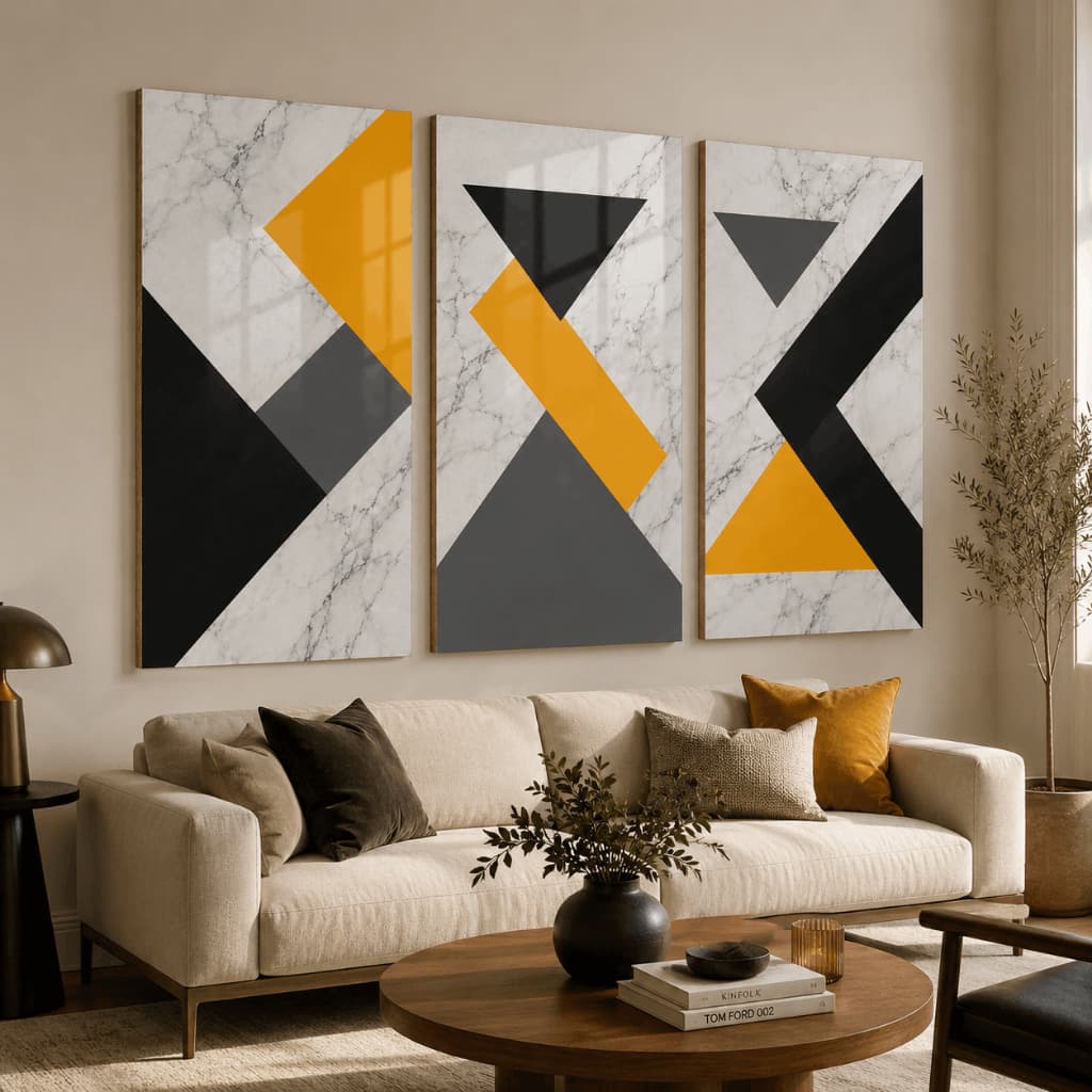 Kit 3 Quadros Decorativos Geométrico Abstrato Mármore MDF Sala Quarto Sem Moldura