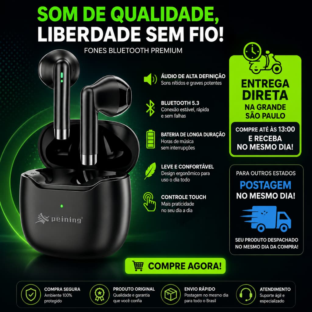 Fone de Ouvido Sem Fio Bluetooth TWS Peining PEI P9001 – Som Potente, Conforto e Liberdade Sem Fios