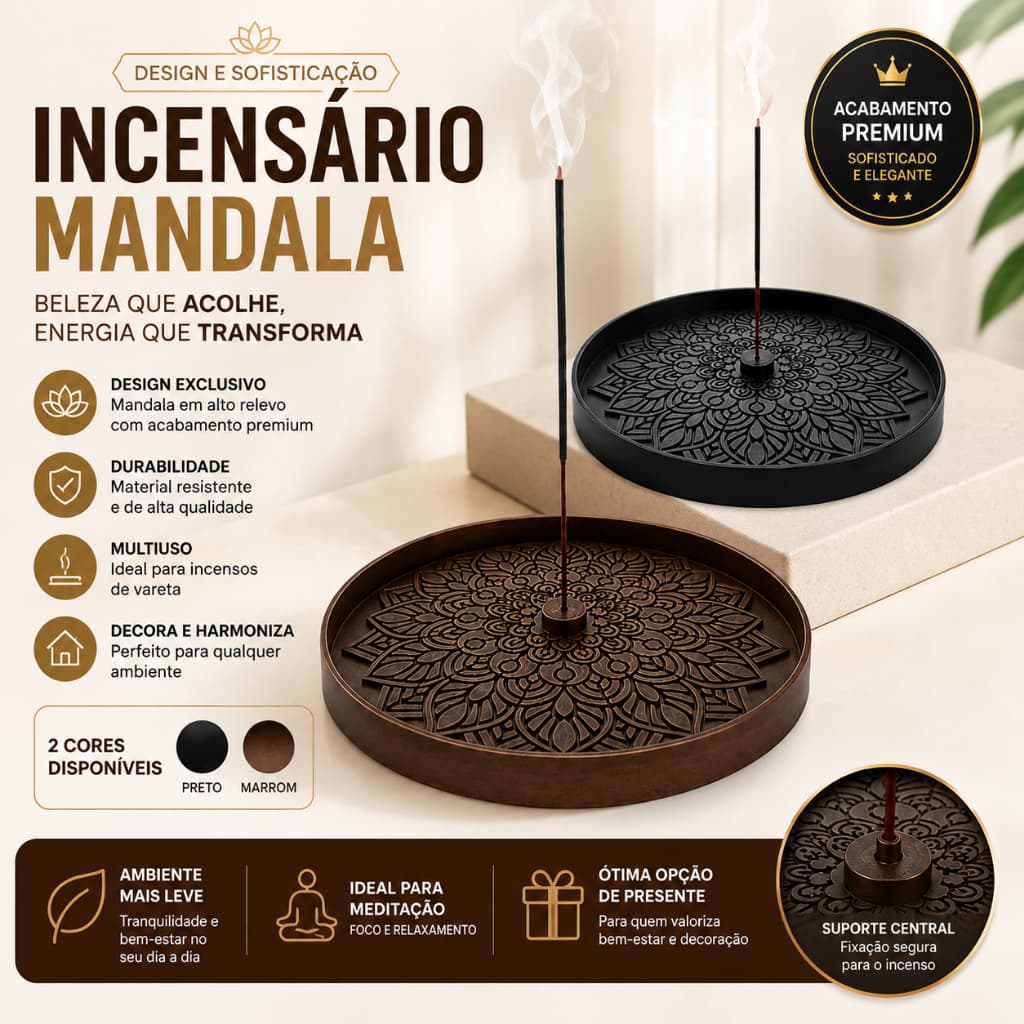 Incensário Mandala Decorativo Porta Incenso Redondo Luxo Preto Marrom Premium