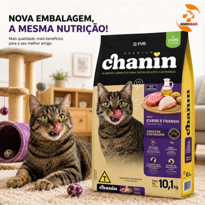 Ração Chanin para Gatos Adultos Castrados Sabor Carne & Frango 10kg e 25kg