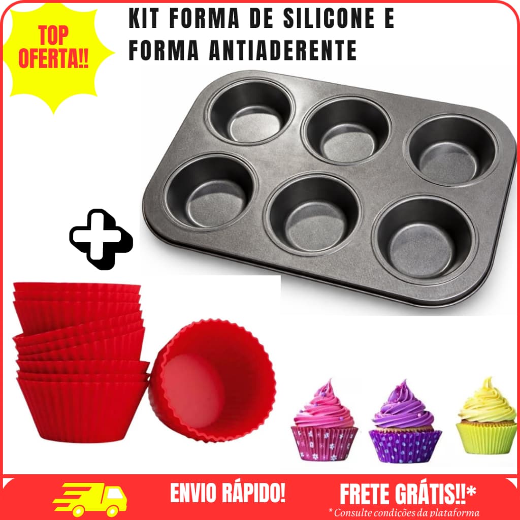 Conjunto 6 ou 12 Forminhas de Silicone Não Gruda + Forma de Cupcake Antiaderente Empada Pão Queijo