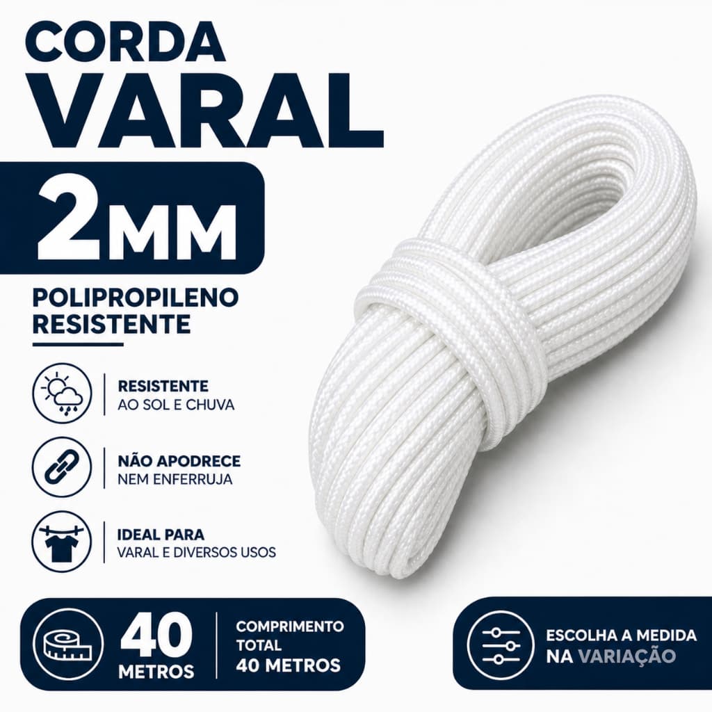 Corda Polipropileno 3mm 40m Trançada Resistente Varal Quintal Amarração RGsegurity