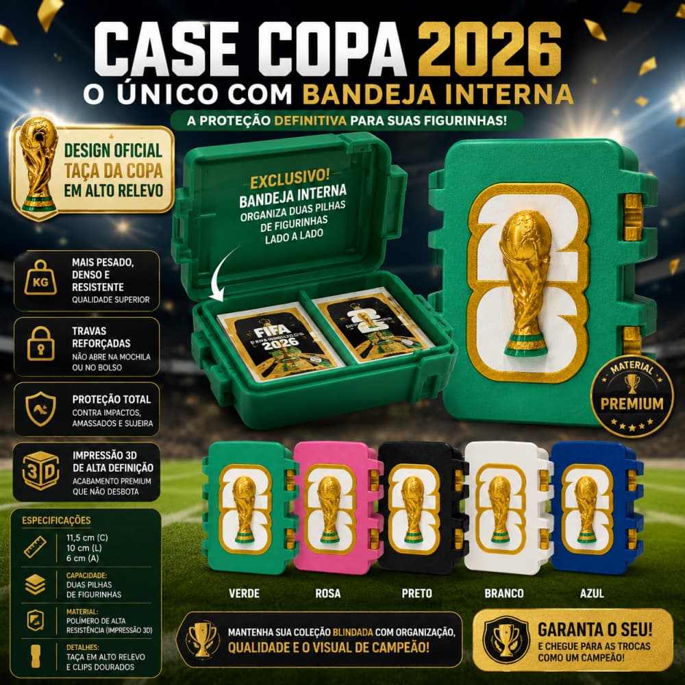 CAIXA FIGURINHAS COPA DO MUNDO 2026 EDIÇÃO LUXO COM BANDEJA INTERNA TAÇA EM ALTO RELEVO