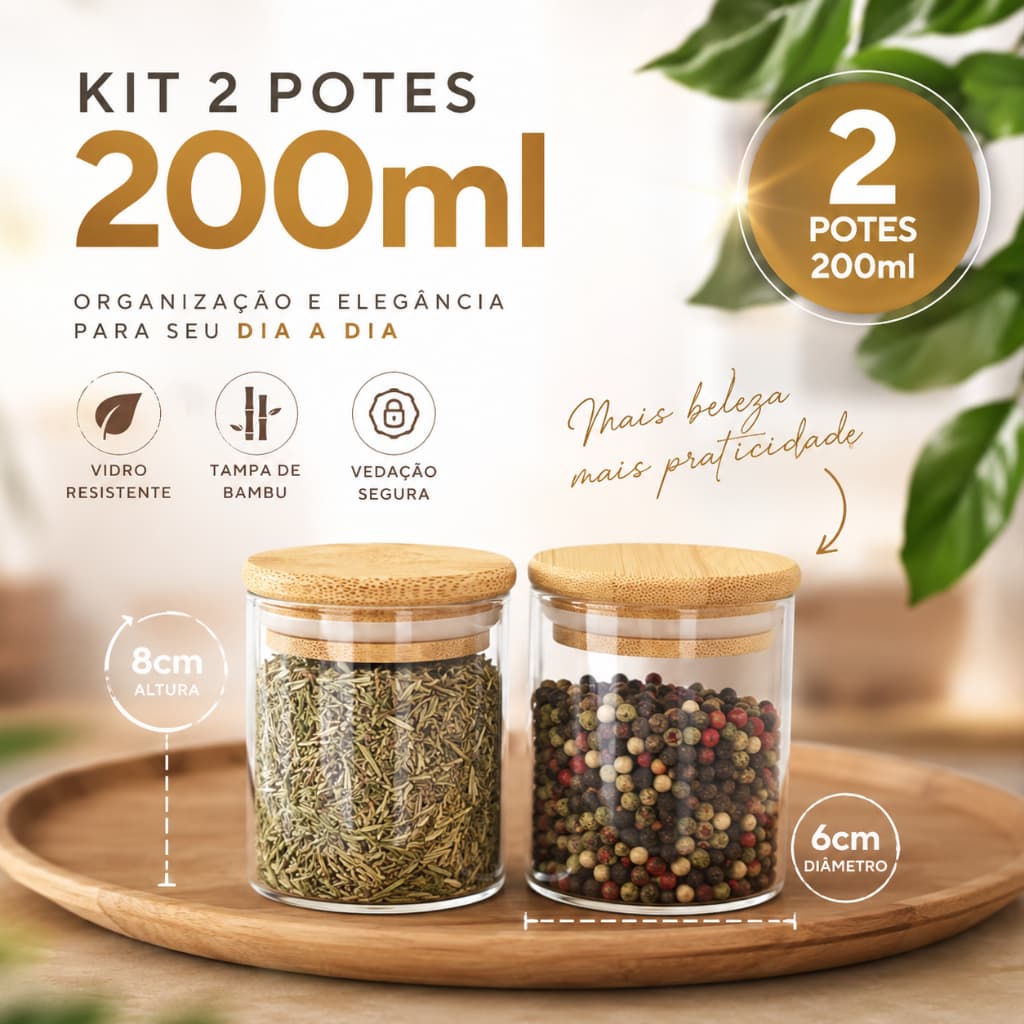 Kit 2 Potes Herméticos 200ml Mantimentos Vidro Tampa De Bambu
