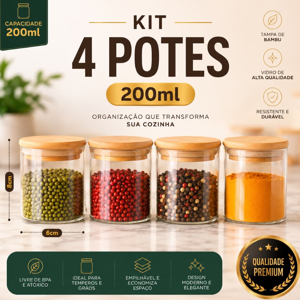 Kit 4 Potes Hermético 200ml Mantimentos Vidro Tampa De Bambu