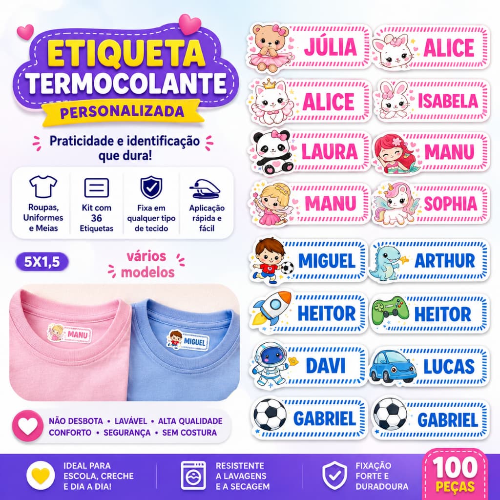 Etiqueta Termocolante Para Uniformes, Roupas, Meias, Mochila - Aplica em Qualquer Tecido I 100 pçs