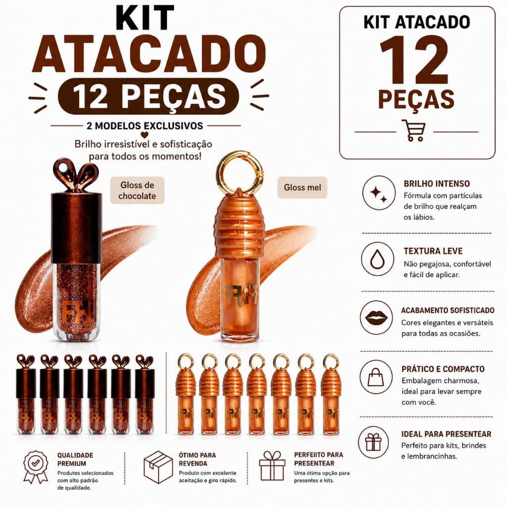 KIT ATACADO Gloss Labial de Mel | Gloss Labial Chocolate