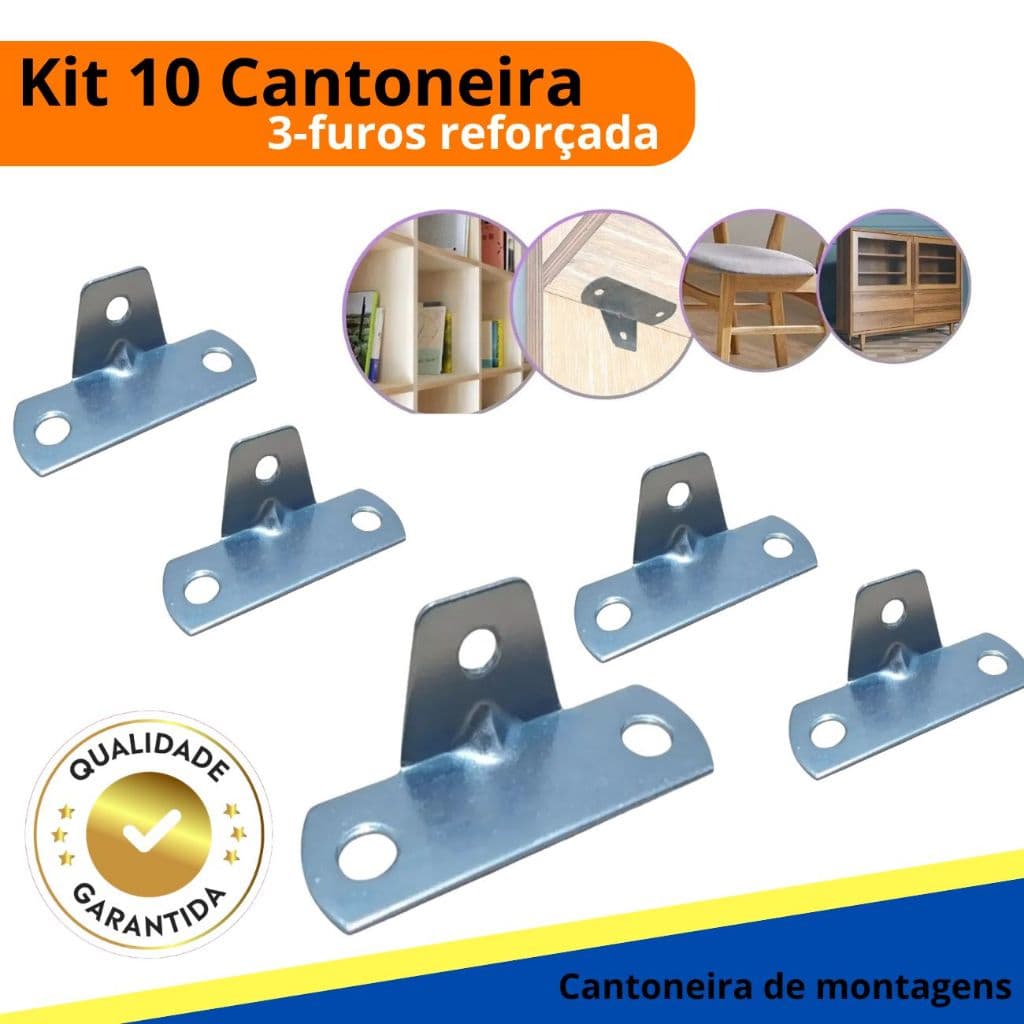 Kit 10 Cantoneira 3 furos Reforçada  Zincada para montagens de Moveis e armários e guarda roupas