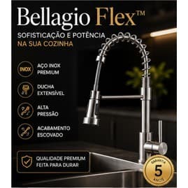 Torneira Gourmet Bellagio Flex™ Inox Escovado Cozinha Gourmet Ducha Flexível Extensível Alta Pressão 51,5cm