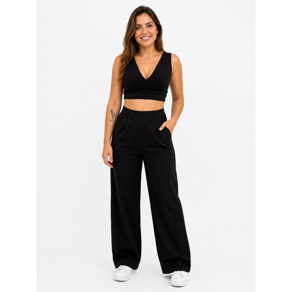 Calça Pantalona Feminina Cintura Alta Wide Leg com Bolsos Laterais e Elástico nas Costas – Tecido Leve e Confortável