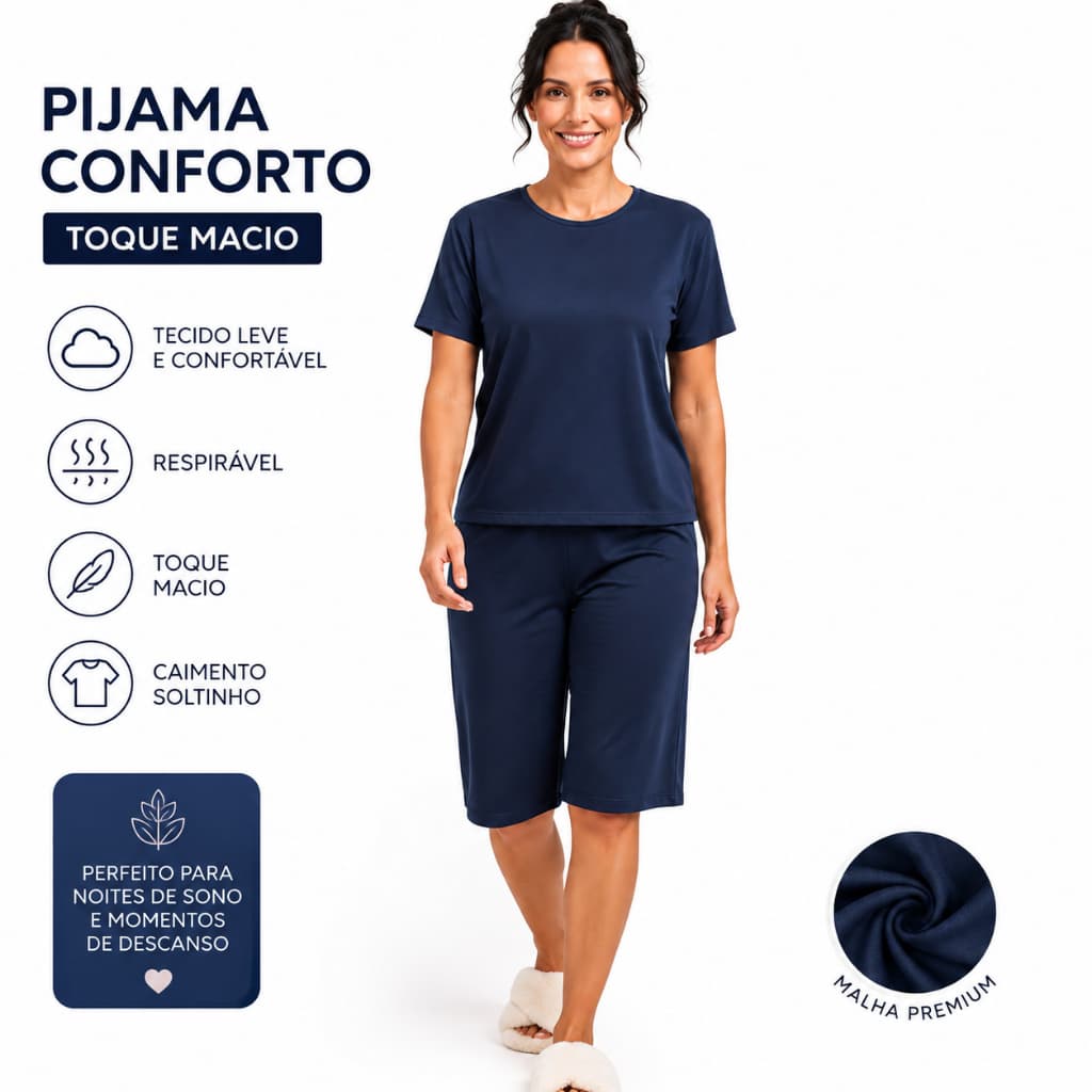 Pijama Feminino  Conjunto Bermuda + Camiseta Manga Curta em Malha PV Confortável Soltinho
