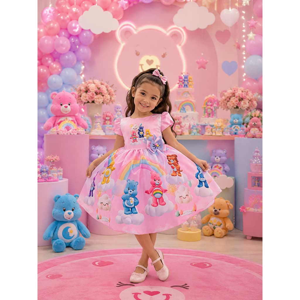 Vestido Ursinhos Carinhosos Festa Aniversário Rosa Arco-Íris de 1 a 4 anos + Laço de Cabelo