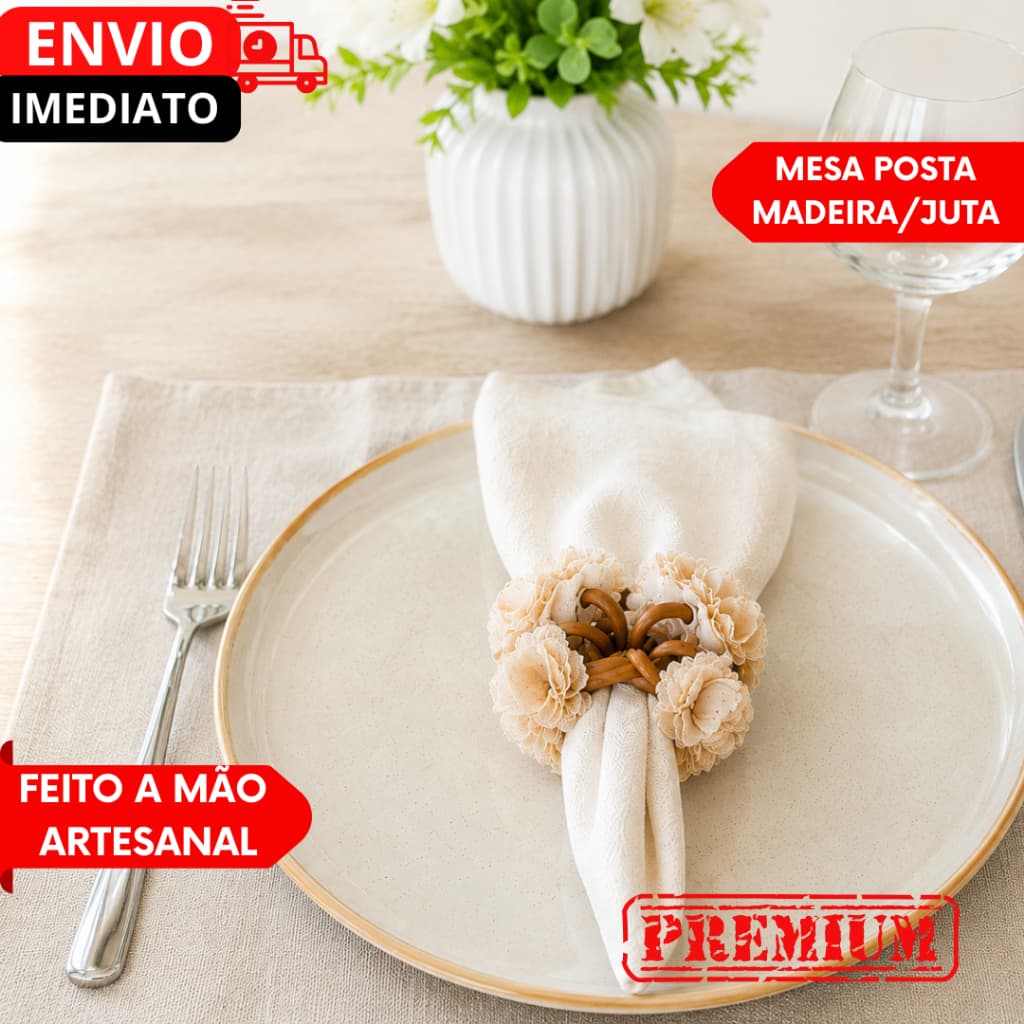 PACOTES ARGOLAS JUTA COM FLORES ESTILO RÚSTICO LUXO ARTESANAL DECORAÇÃO DE MESA POSTA...............